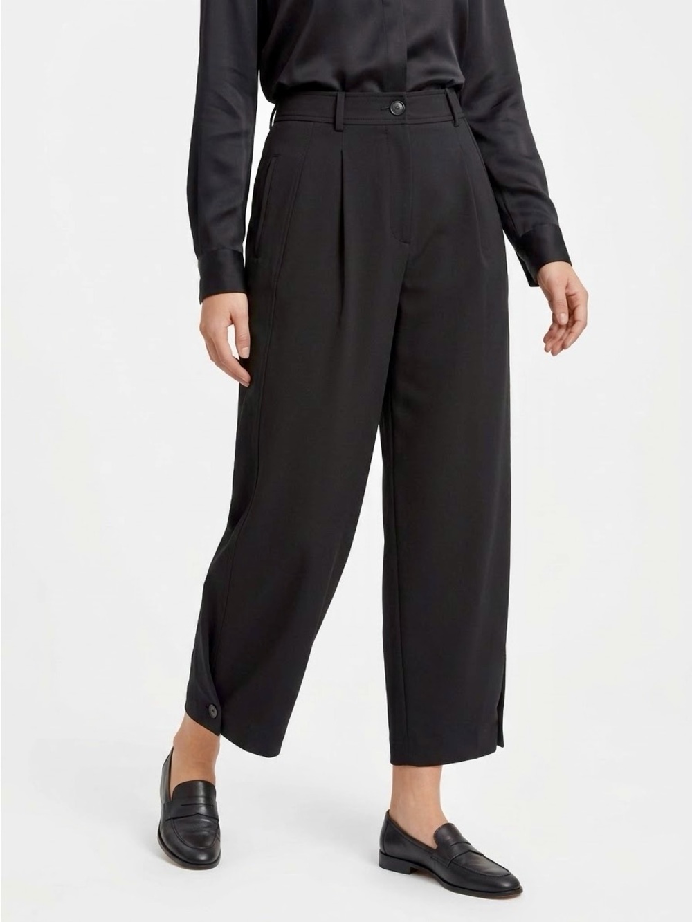 ZARA High Waisted Barrel Pants Black Wide-Leg Cropped Trousers w Button Hem #LHP